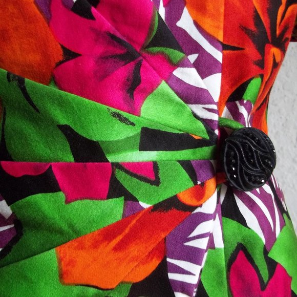 Vtg 80s Tropical Floral Curvy Cut Strong Shoulder Cotton Wrap Statement Top M - Picture 9 of 11